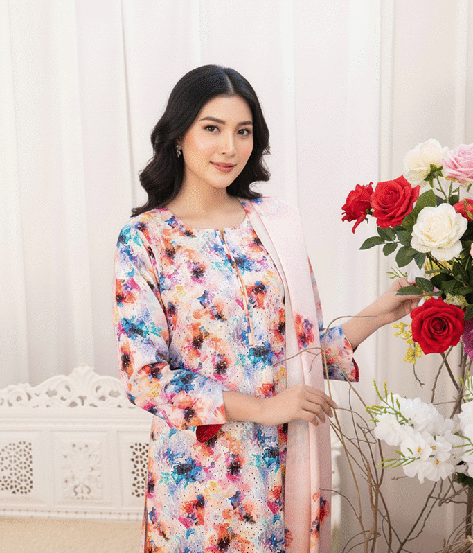 3 Piece Un-Stitched By lawn Fabrics, Attractive & Elegant Digital Printed & Embroidered Collections.