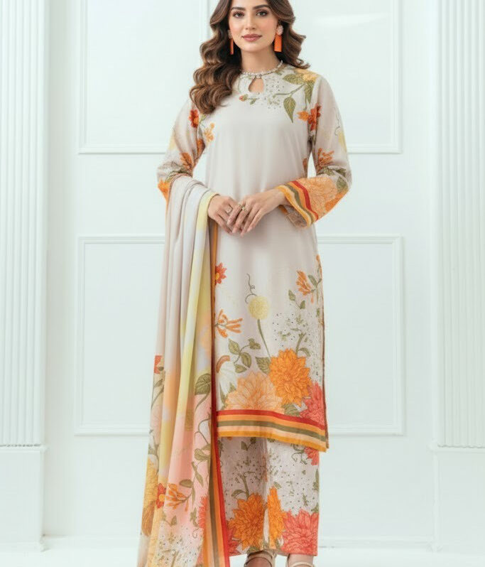 3 pcs unstiched printed lawn. comfortable, and stylish all summer long.