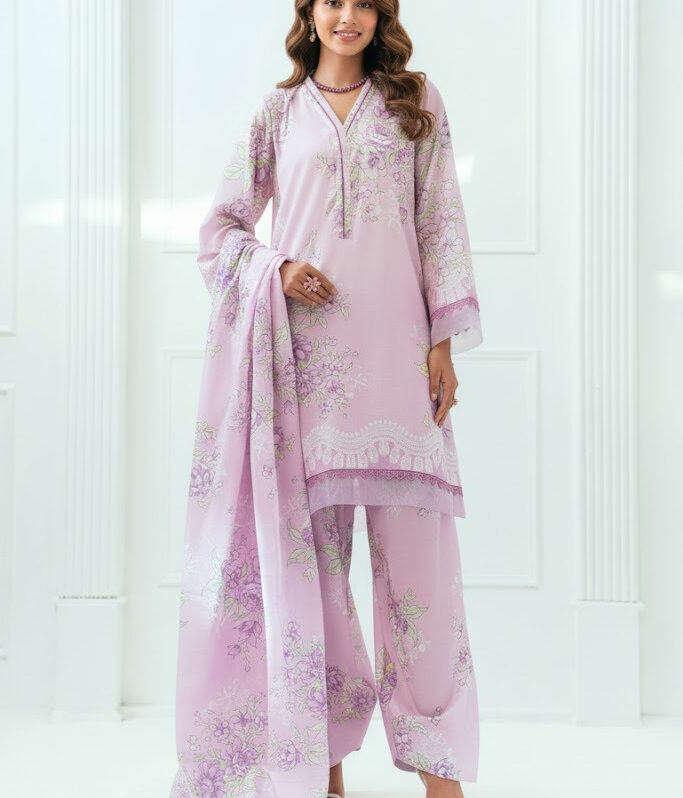 3 pcs unstiched printed lawn fabrics lightweight comfort designed.