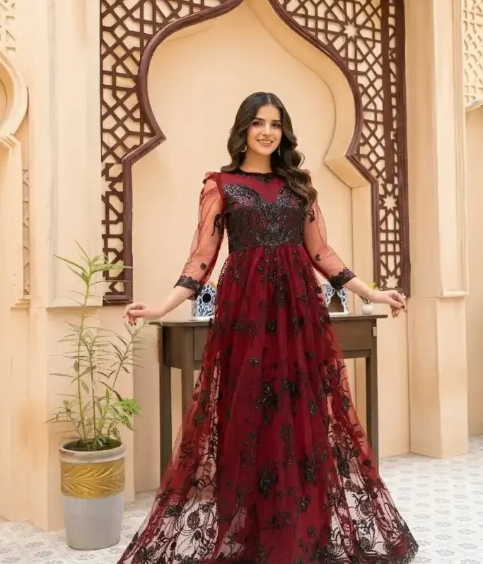 NF-2836 Maroon Net Stitched Dress